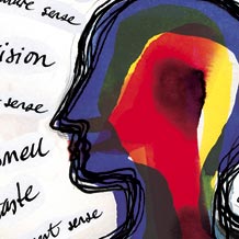 graphic of figure in red, yellow and blue, with text surrounding head